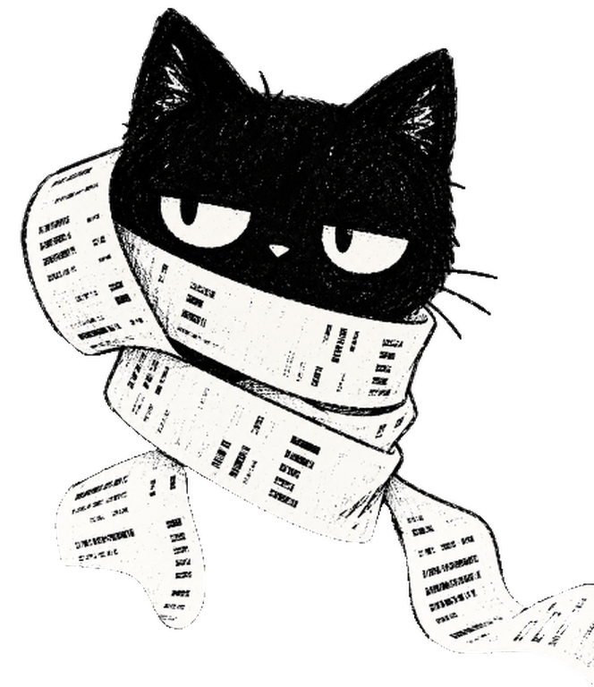 A black cat with half-closed eyes wrapped in a very long receipt
