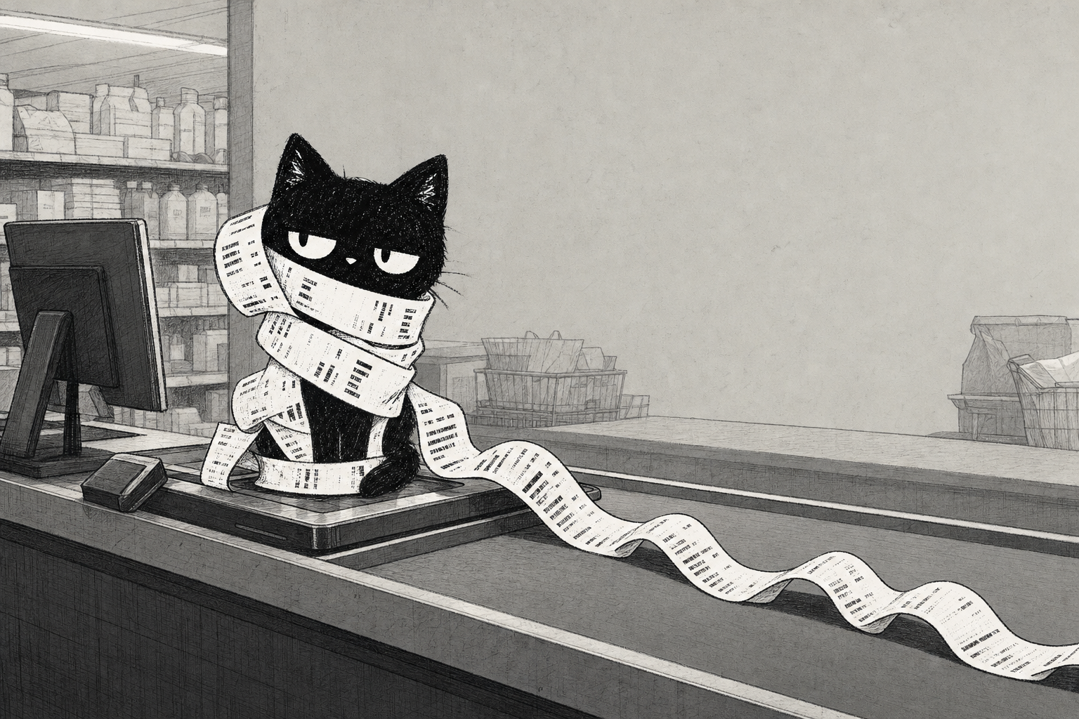 The cat sits on a checkout scanner while the receipt runs down the conveyor belt