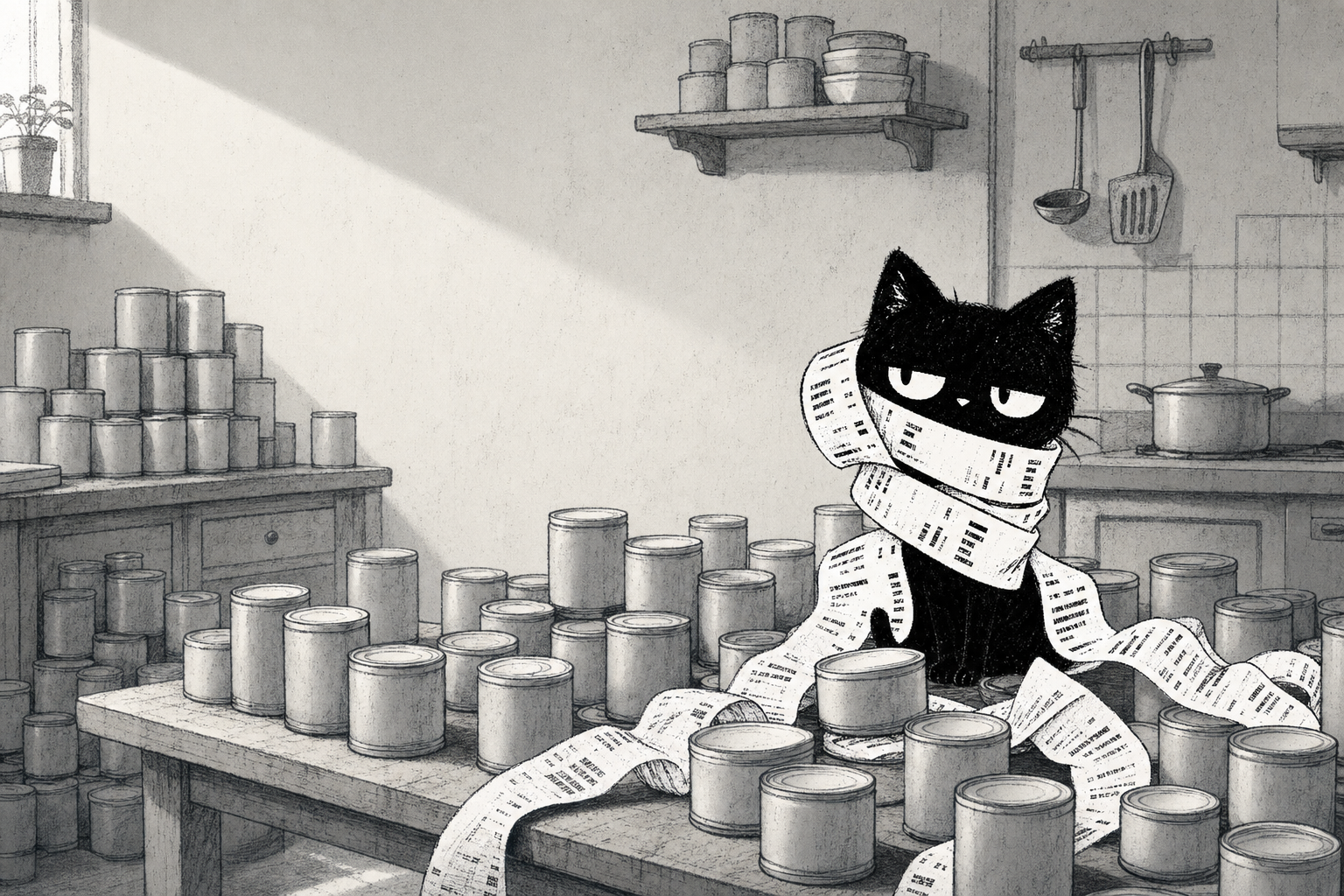 The cat in a kitchen crowded with identical cans