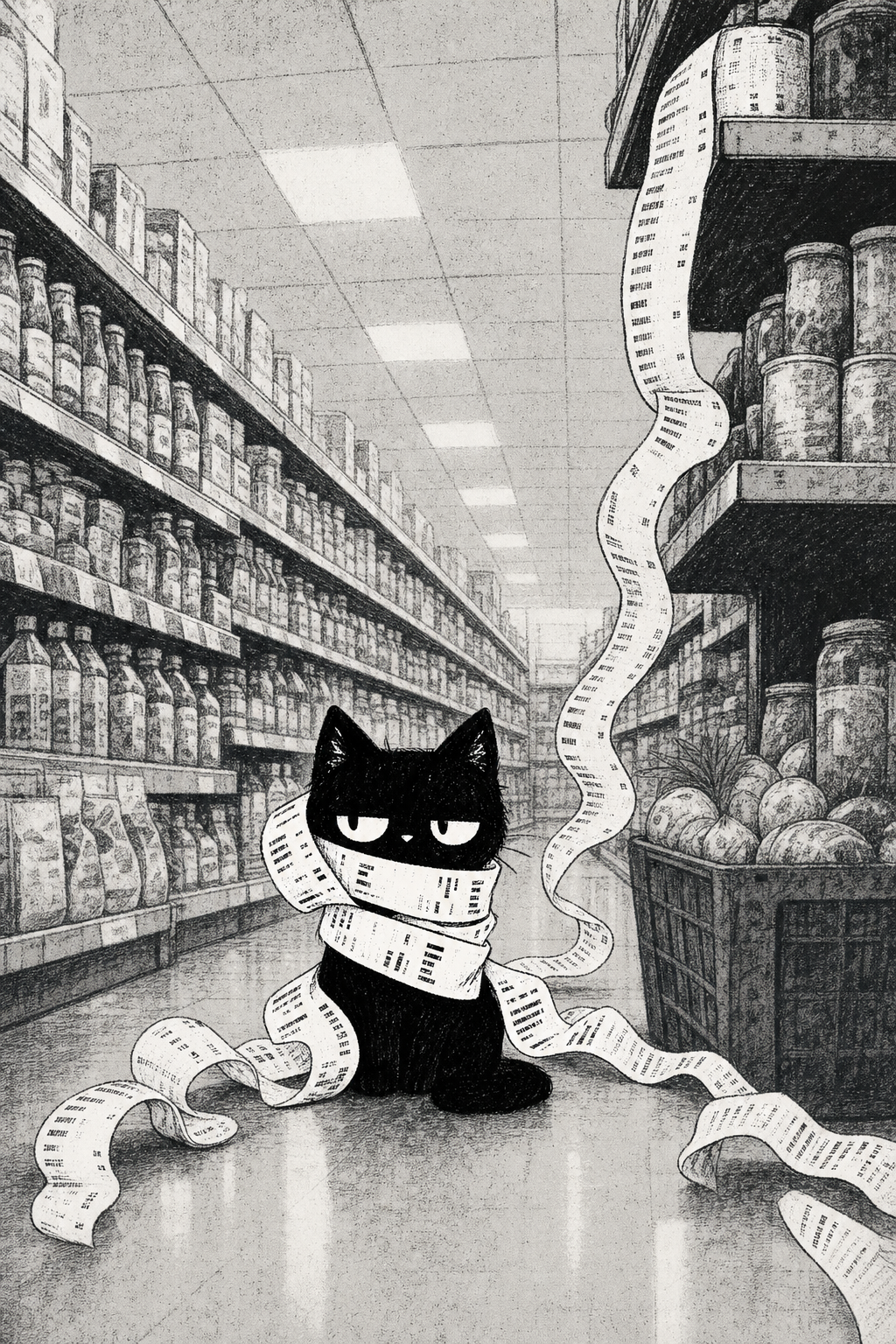 The cat sitting in a long supermarket aisle as receipt climbs the shelves