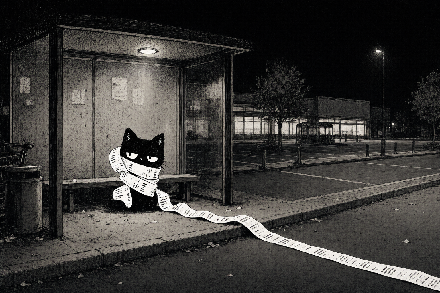 The cat on a bus stop bench at night, receipt reaching the curb